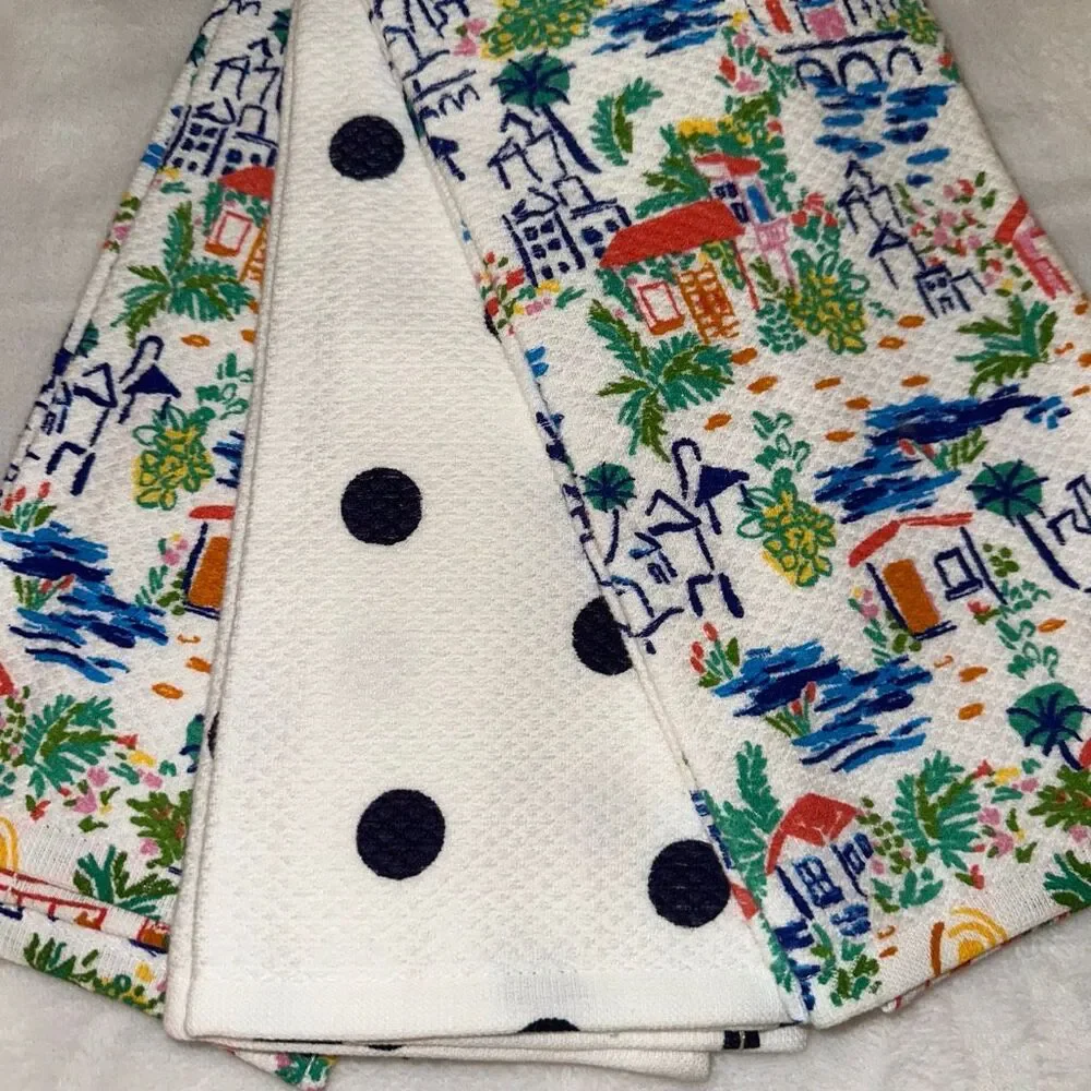 Kate Spade Kitchen Towel Set of 3 Tropical Colorful Scene Polka Dots NWT